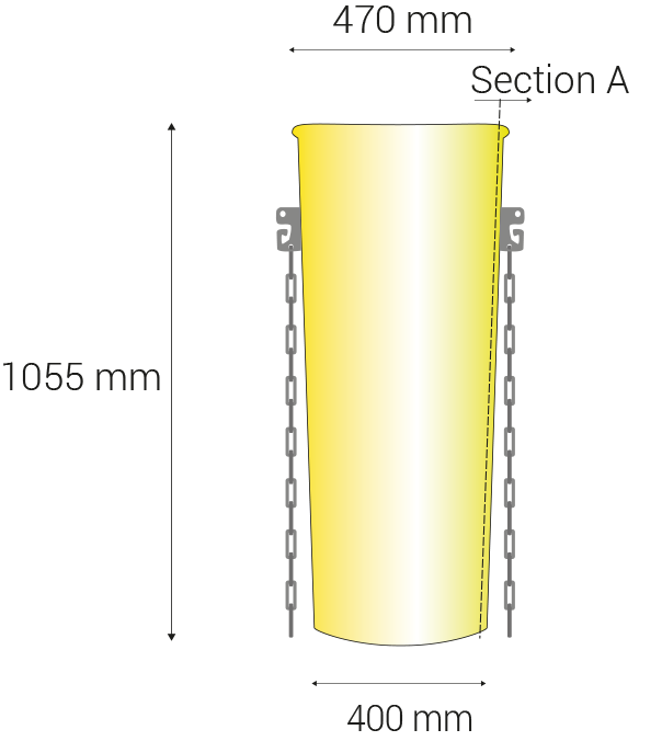 Length 1055mm; upper diameter 470mm, lower diameter 400mm