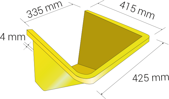 Width 425mm, lenght 415mm, thickness 4mm; hopper width 335mm