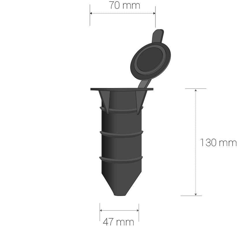 Dimensions in milimeters: head diam.: 70, body diam.: 47, height: 130.