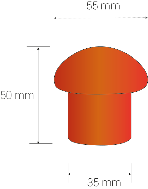Dimensions in milimeters: diameter. head: 55, diam. body: 35, height: 55.
