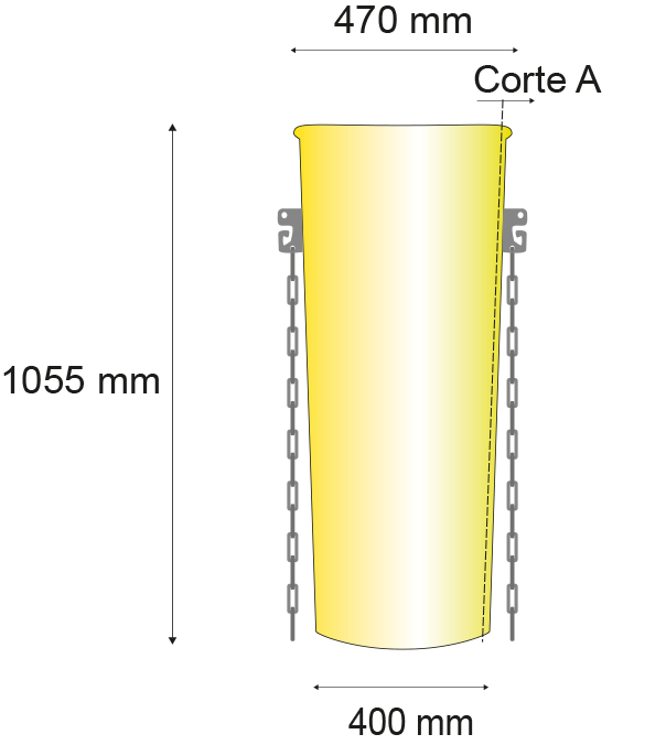 Longitud 1055mm; diámetro superior 470mm, inferior 400mm